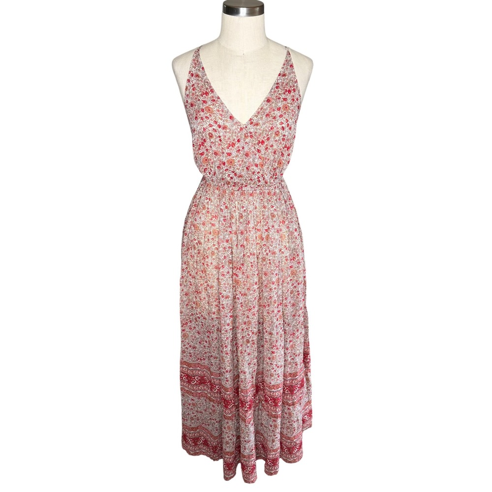 JOIE Floral Maxi Dress Red Pink V-Neck Elastic Waist Women's XS FLAWED
